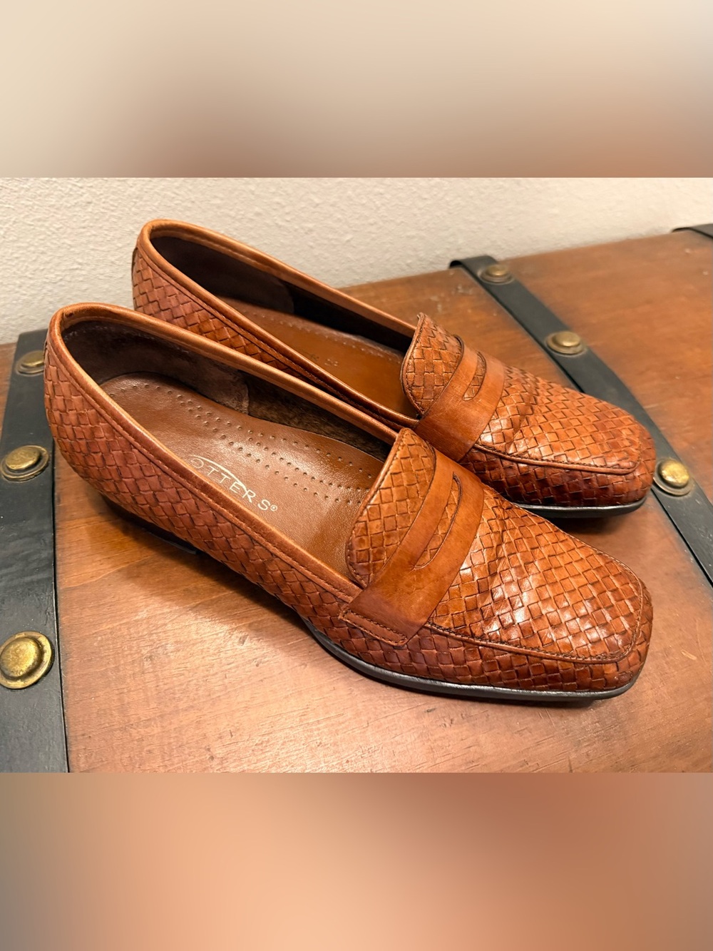 Trotters Cognac Woven Leather Penny Loafers